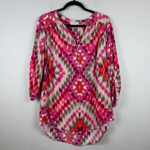 Como Top Women's 1X Pink Gray Aztec High Low V-Neck Roll-Tab Sleeve Tunic Blouse